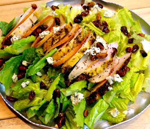 Grilled Chicken Pear Gorgonzola Candied Pecan Salad with Pear Gorgonzola Dressing NoblePig com via noblepig 5