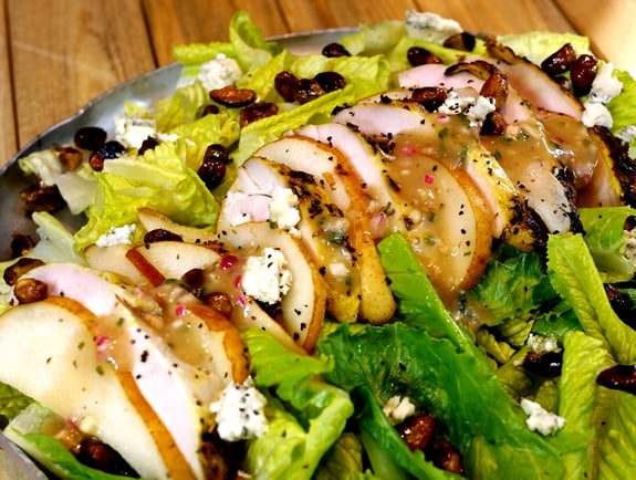 Grilled Chicken Pear Gorgonzola Candied Pecan Salad with Pear Gorgonzola Dressing NoblePig com via noblepig 6