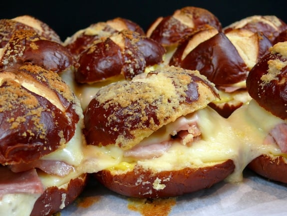 Ham and Havarti Sliders on Parmesan and Butter Topped Pretzel Buns