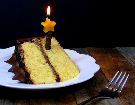 Best Yellow Birthday Cake with Chocolate Icing slice