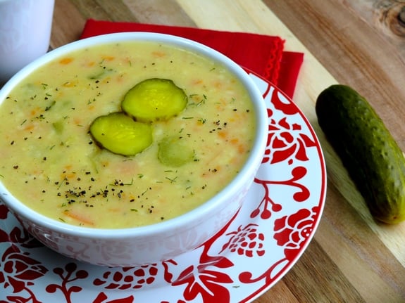 Dill Pickle Soup serve with a rustic bread for a delicious meal 