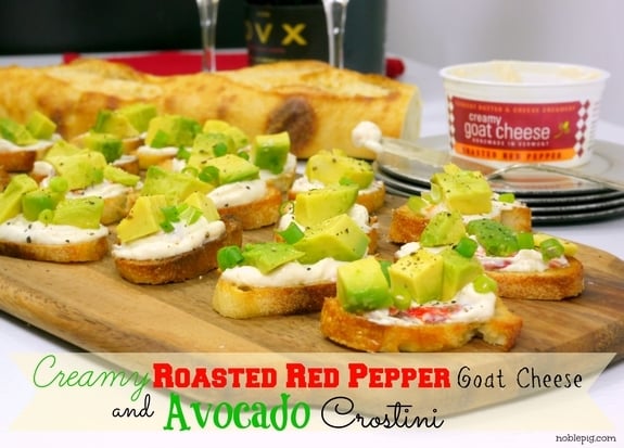 Creamy Roasted Red Pepper Goat Cheese and Avocado Crostini  from Noble Pig