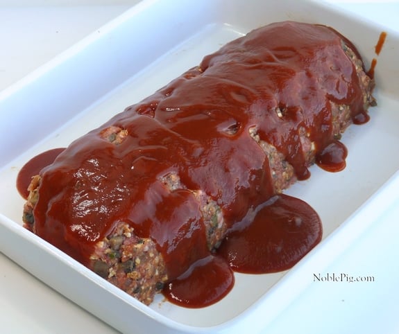 Noble Pigs Skinnier Meatloaf with Tangy Smokey Glaze with sauce