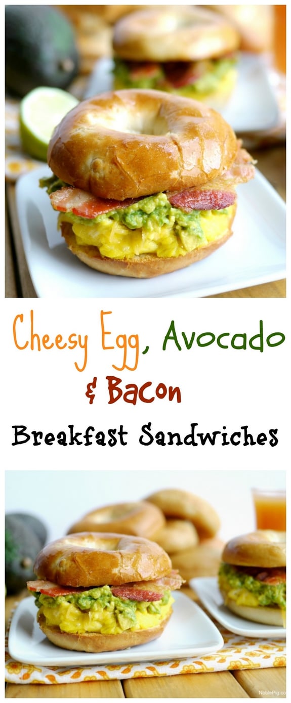 Cheesy Egg Avocado and Bacon Breakfast Sandwiches, two photos with text overlay that says cheesy egg, avocado and Bacon Sandwiches.
