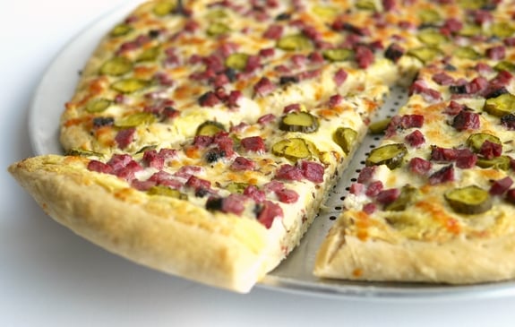 Dill Pickle and Hot Pastrami Deli Pizza by the slice or two