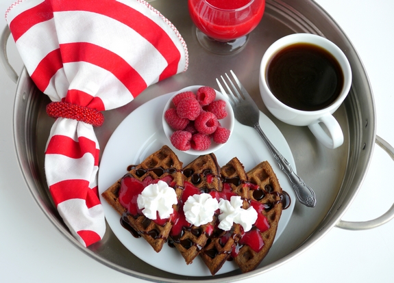 Belgian Chocolate Waffles with Homemade Raspberry Sauce for breakfast