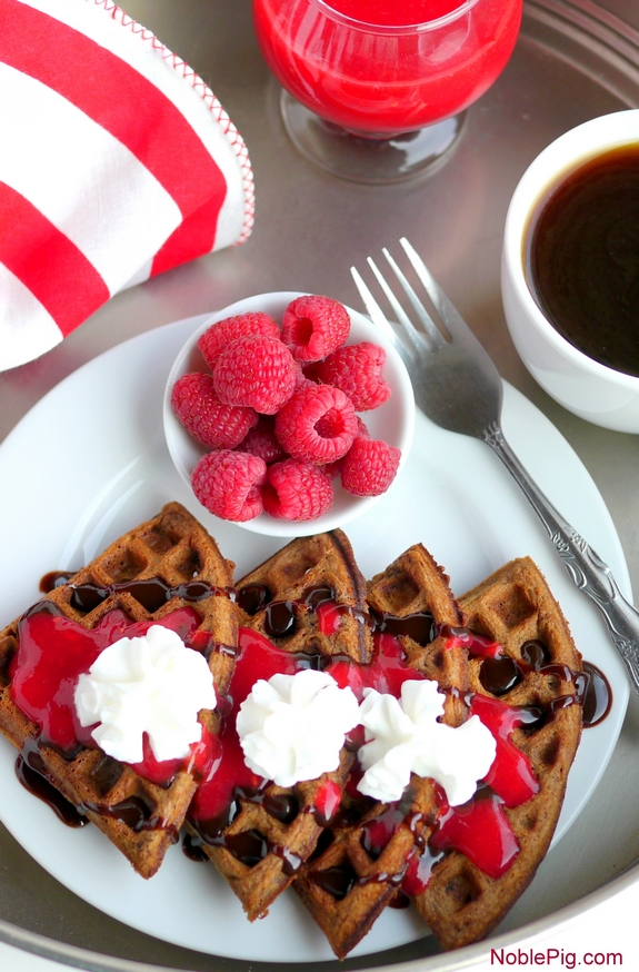Belgian Chocolate Waffles with Homemade Raspberry Sauce the perfect breakfast in bed