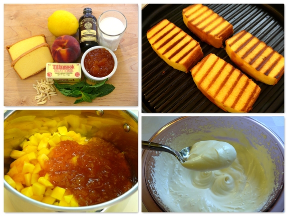 A collage photo, 1. ingredients for the whole recipe, 2. grilled pound cake on a grill pan 3. peach coulis being made in a pan 4. spoon with chantilly cream