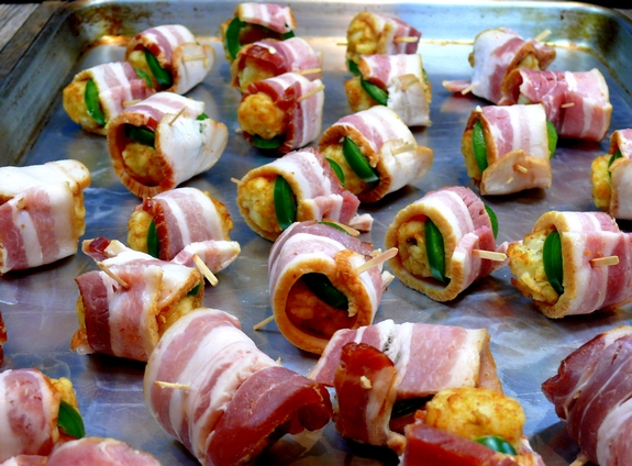 Bacon Jalapeno Wrapped Tater Tots with Jack Cheese Dipping Sauce raw