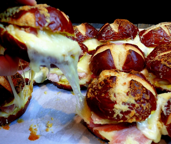 Ham and Havarti Sliders on Parmesan and Butter Topped Pretzel Buns melty