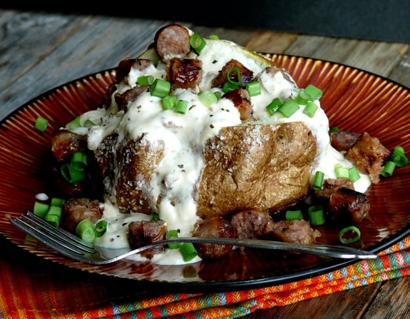 Loaded Sausage and Gravy Baked Potatoes