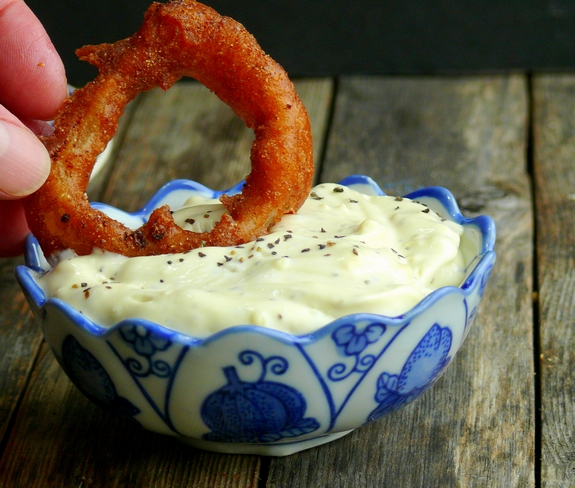 Pancake Batter Onion Rings with Wasabi Garlic Mayo Perfect for dipping 