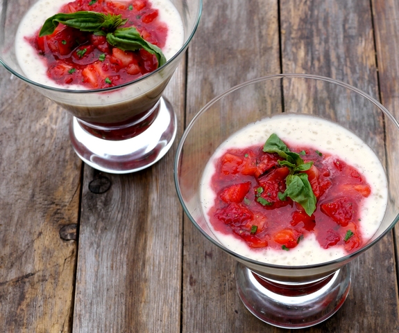 Coconut Tapioca Pudding with Strawberries and Basil