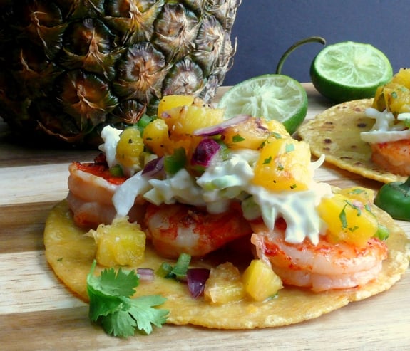 Grilled Shrimp Tacos with Pineapple Jalapeno Salsa close up
