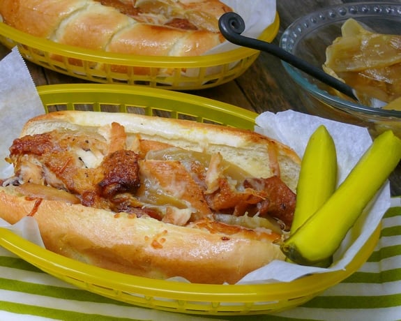 Slow Cooker Braised Chicken Onion and Cheese Sandwiches easy to feed a crowd