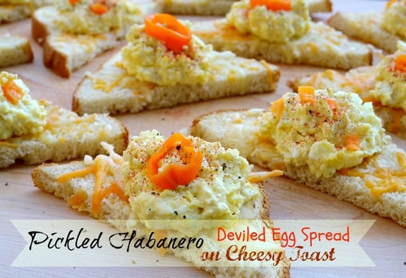 Pickled Habanero Deviled Egg Spread on Cheesy Toast