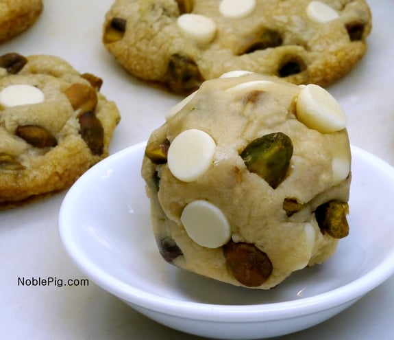 Pistachio White Chocolate Cake Batter Cookies with a special tip on how to make them lofty Studded cookie ball 