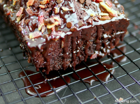 Chocolate and Bacon Loaf Cake ozzing chocolate