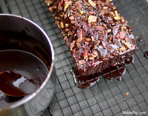 Noble Pig Chocolate and Bacon Loaf Cake with pan of chocolate