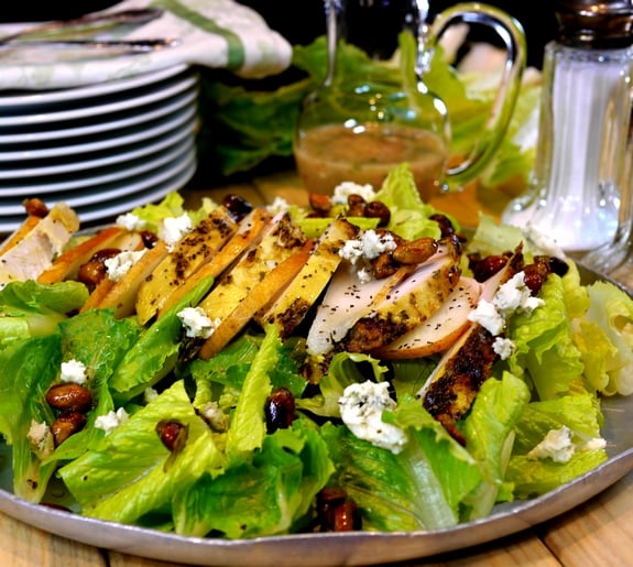 Grilled Chicken Pear Gorgonzola Candied Pecan Salad with Pear Gorgonzola Dressing NoblePig com via noblepig 3