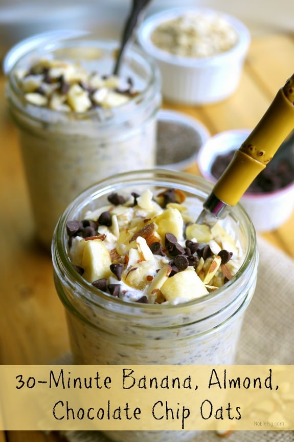 30 Minute Banana Almond Chocolate Chip Oats easy to take with you on the go 