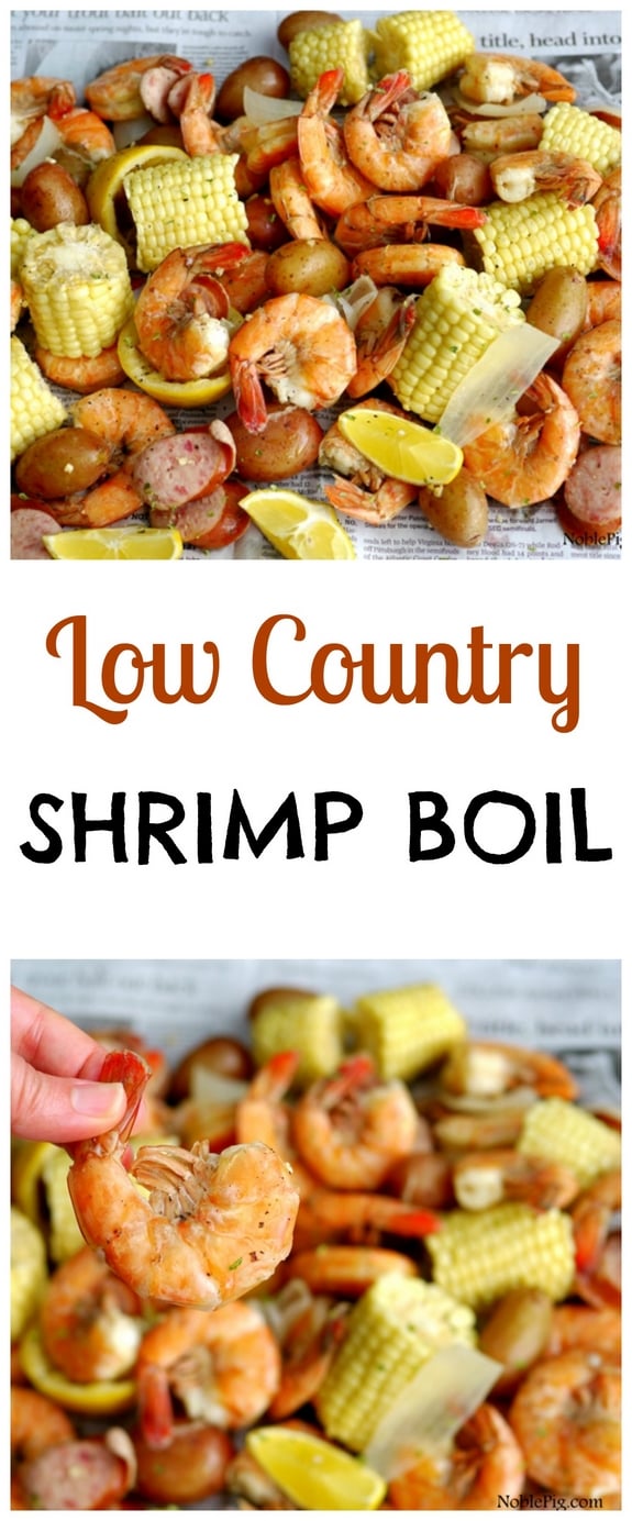 Low Country Shrimp Boil in text with two photos of the shrimp boil.
