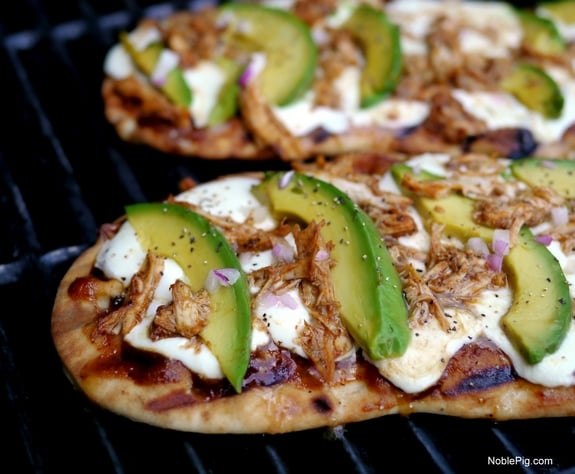 Grilled Avocado Barbecue Chicken Naan Pizza