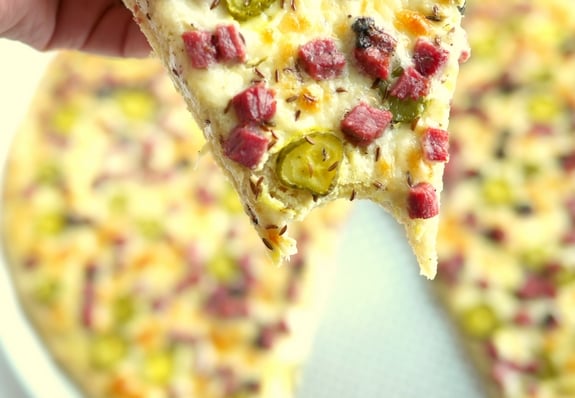 Dill Pickle and Hot Pastrami Deli Pizza that slice