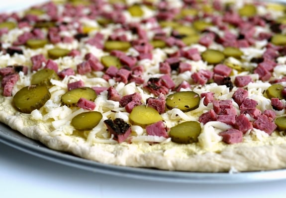 Dill Pickle and Hot Pastrami Deli Pizza before baking