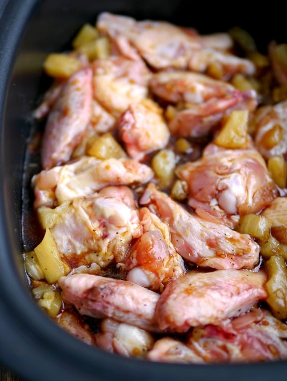 Slow Cooker Honey Pineapple Chicken Wings in the cooker