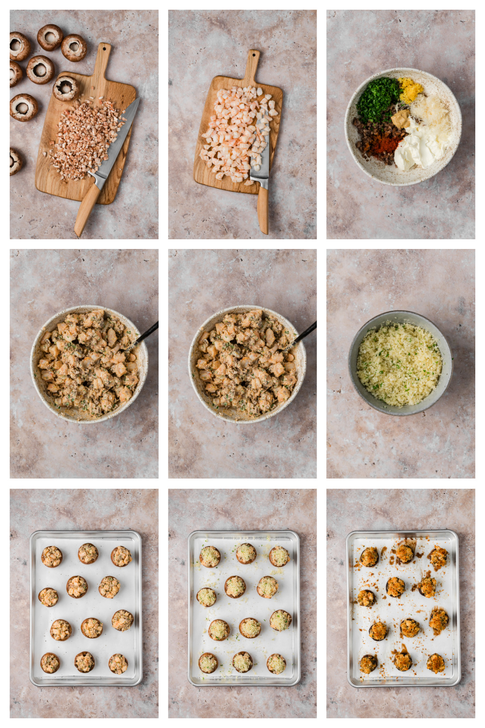 How to Make Stuffed Mushrooms with Shrimp Steps for making stuffed mushrooms with shrimp, from preparing the caps and filling to adding Parmesan panko