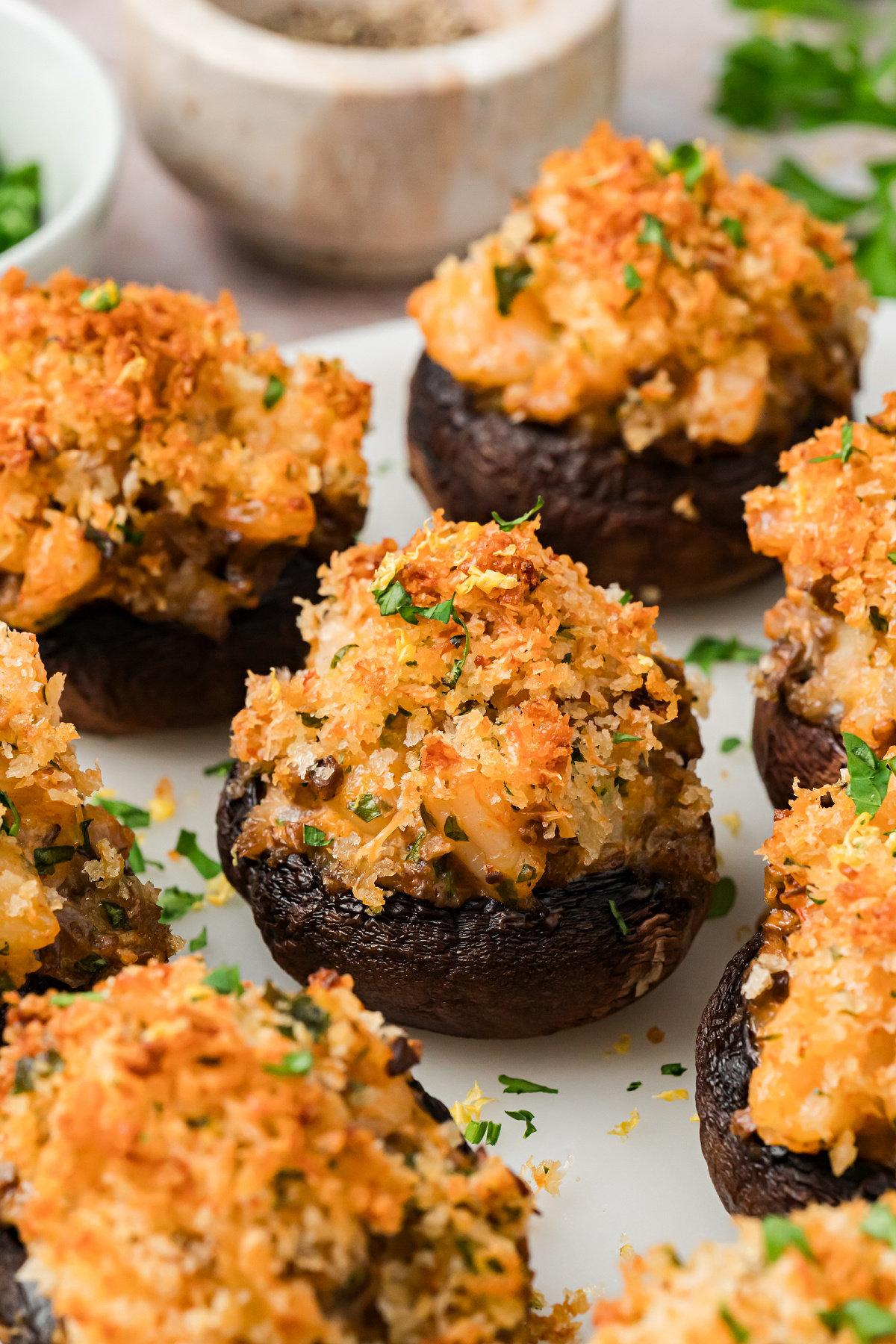 Shrimp Stuffed Mushrooms with Parmesan Panko Shrimp stuffed mushrooms with cream cheese filling and golden Parmesan panko topping