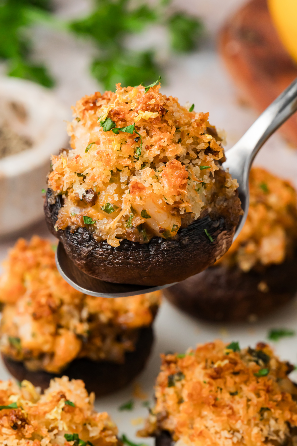 Stuffed Mushroom with Shrimp and Parmesan Panko Stuffed mushroom with visible shrimp filling and crisp Parmesan panko topping
