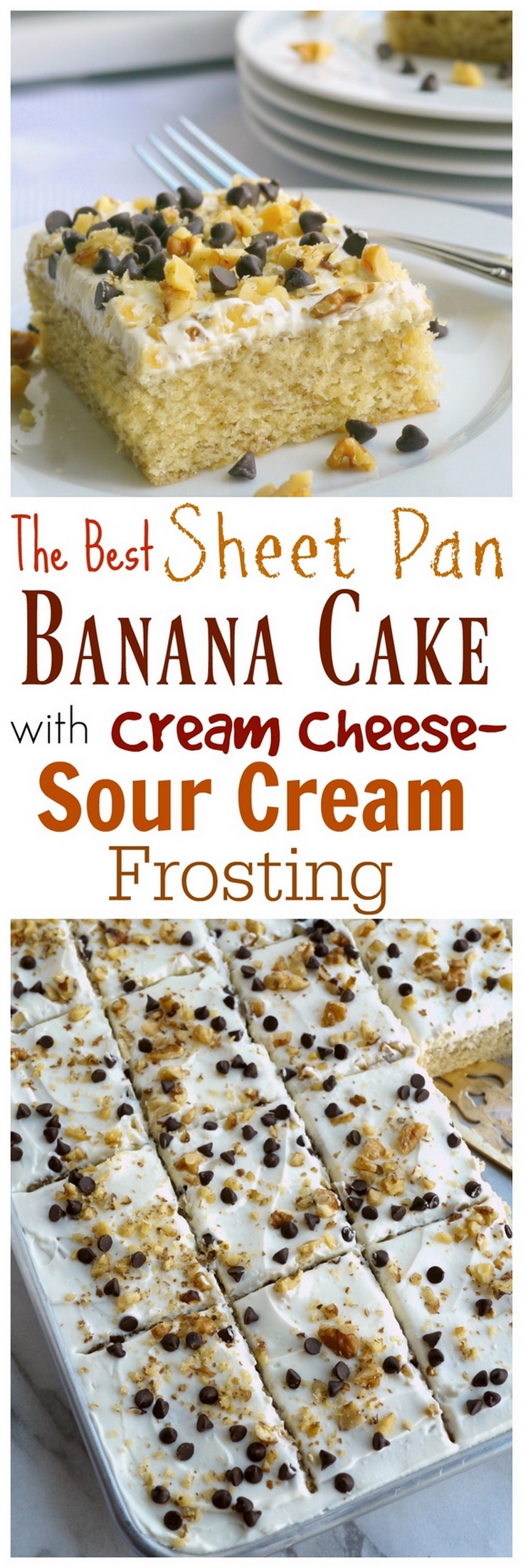 The Best Sheet Pan Banana Cake with Cream Cheese-Sour Cream Frosting is the perfect dessert to enjoy for your next gathering. 9 x 13 instructions also available.   via @cmpollak1