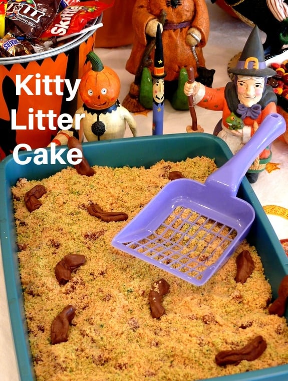 This Kitty Litter Cake is the ultimate Halloween gross out dessert. It tastes fabulous, but is surely to frighten everyone who sees it. Don't have your party without it. via @cmpollak1