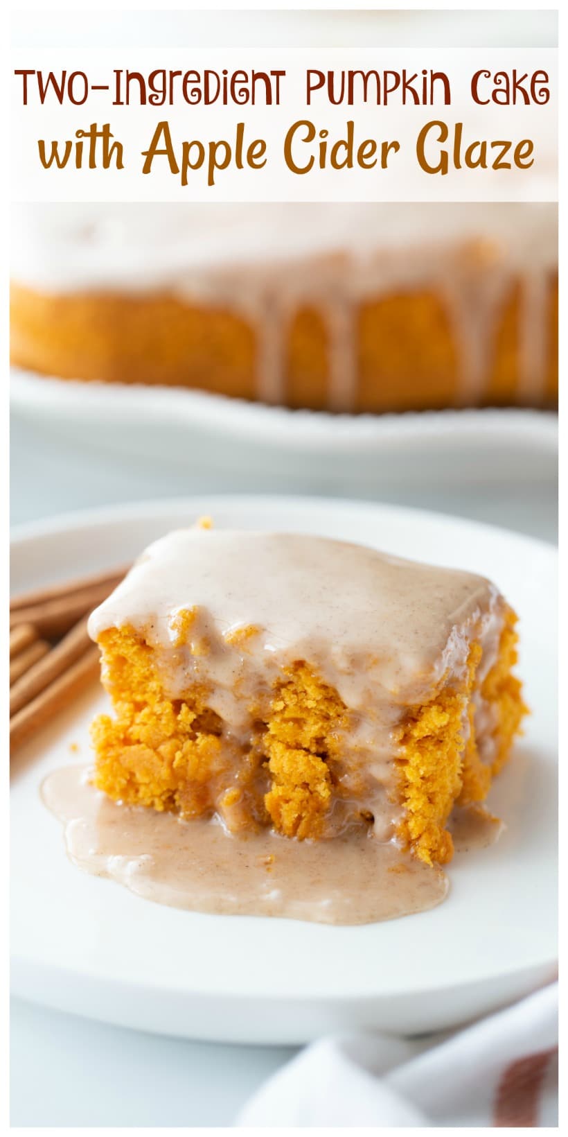 This Two-Ingredient Pumpkin Cake with Apple Cider Glaze will have your family and friends up in arms and begging for seconds. Maybe you should make two. via @cmpollak1