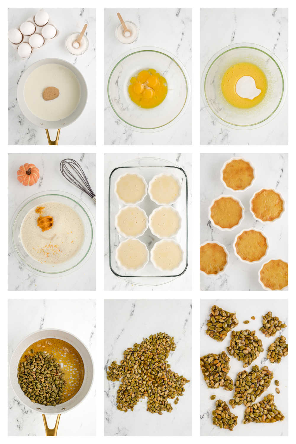 Step by step showing how to make Pumpkin Chai Pots de Cr&egrave;me from tempering the custard to baking in a water bath and preparing pepita brittle.