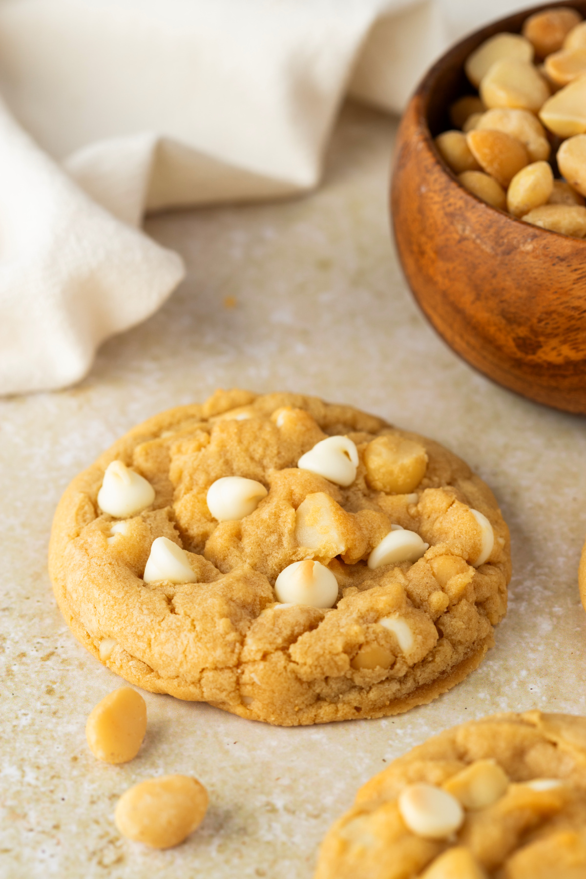 soft white chocolate macadamia cookie with white chocolate chips and macadamia nuts on top