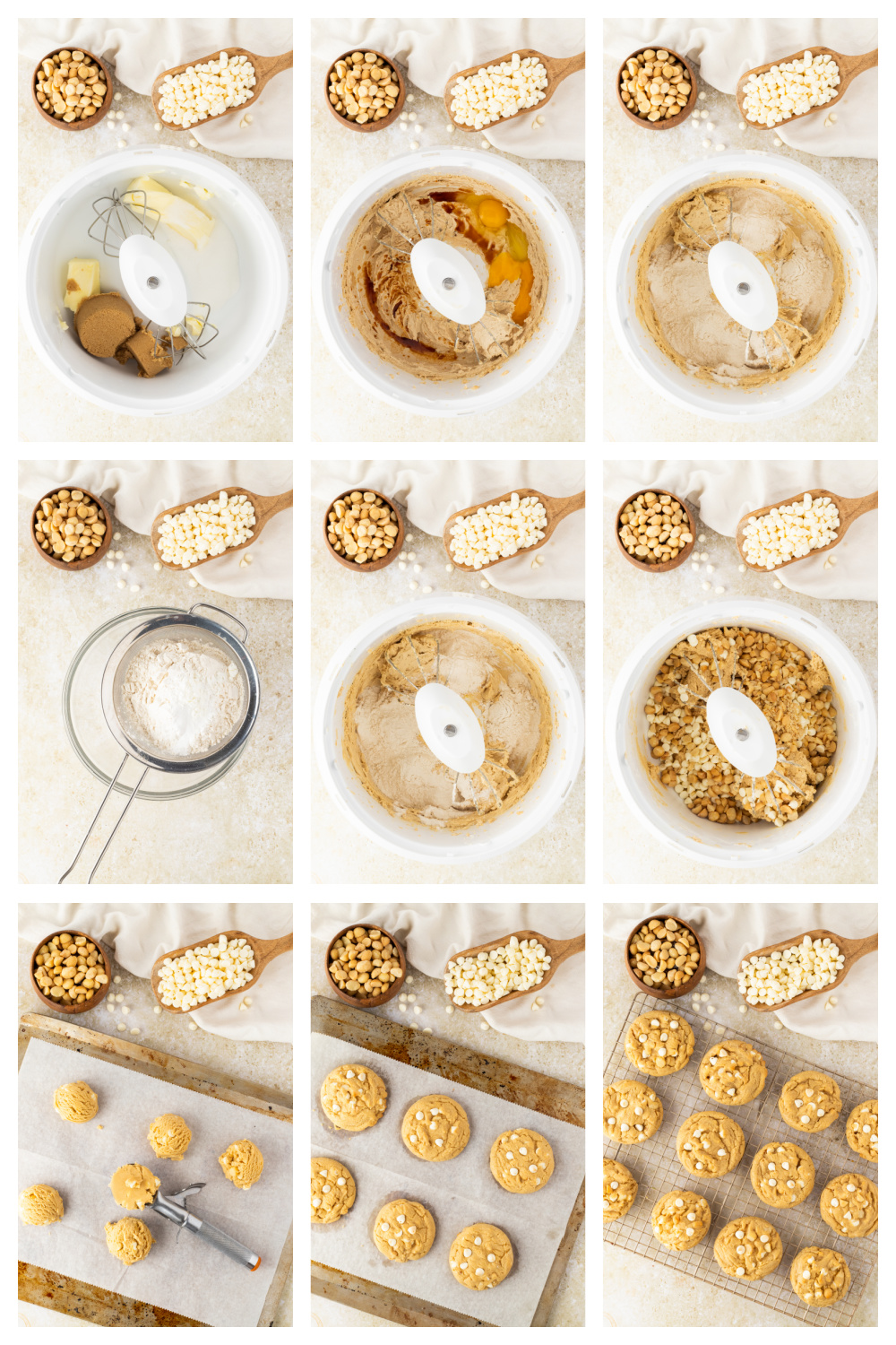process of making white chocolate macadamia cookie dough showing mixing dough and adding white chocolate chips and macadamia nuts