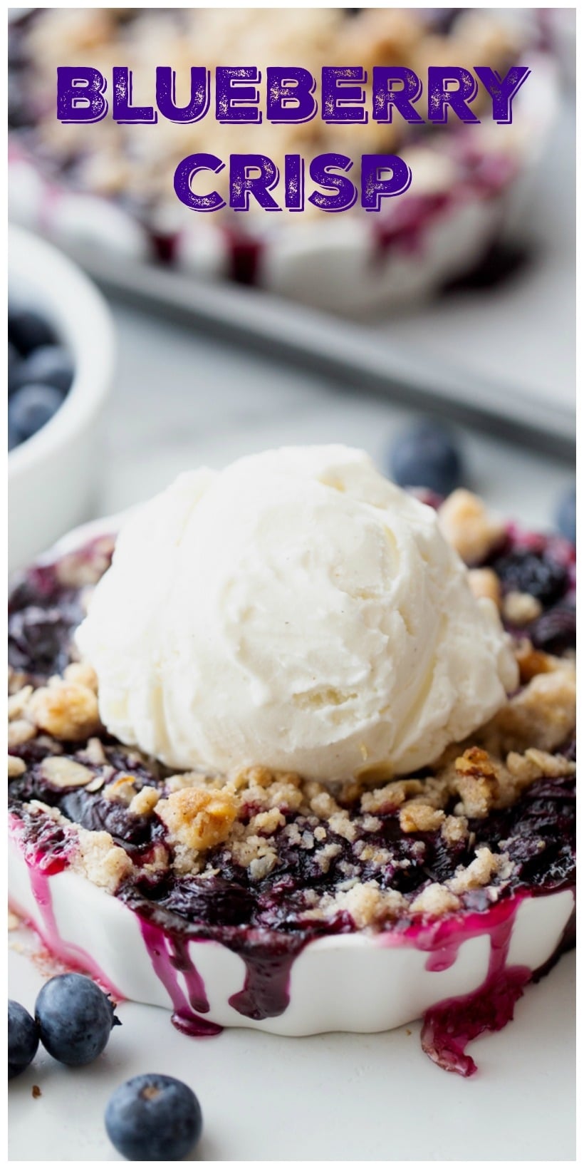 Blueberry Crisp, a quick and easy dessert recipe with an irresistible, crumbly oat topping and sweet, syrupy blueberries. via @cmpollak1