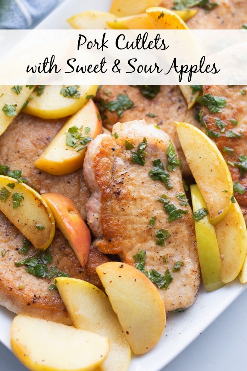 Pork Cutlets and apples, a simple, one-skillet meal that will be on your dinner table in less than 15-minutes. via @cmpollak1