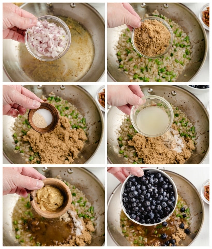 A six photo collage showing ingredients for the sauce being made.