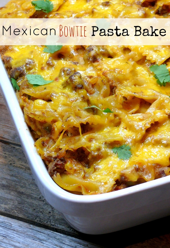 VIDEO + Recipe: Garnish this MEXICAN BOWTIE PASTA BAKE with fresh avocado, sour cream, cilantro and a favorite hot sauce. Makes for great leftovers too from NoblePig.com. #noblepig #cincodemayo #pasta #casserole #mexican