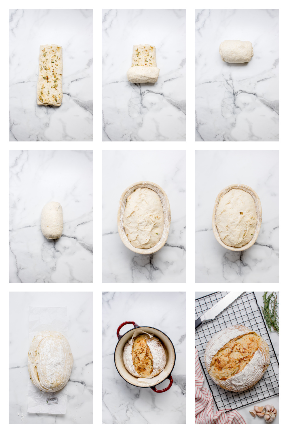 Artisan bread proofing and baking process Collage showing artisan bread proofing, scoring, Dutch oven baking, and crust development