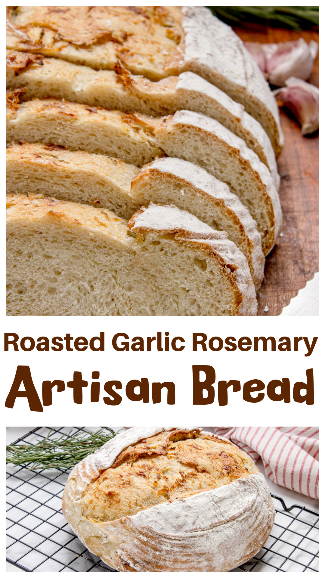 This roasted garlic rosemary artisan bread folds roasted garlic directly into the loaf instead of mixing it into the dough. The result is a chewy artisan crumb, crisp crackly crust, and pockets of roasted garlic layered through every slice. Baked in a Dutch oven for bakery-style texture, this homemade rosemary bread is perfect with butter, soup, pasta, or a cheese board. An easy artisan bread recipe with real flavor, rustic texture, and a golden crust. via @cmpollak1