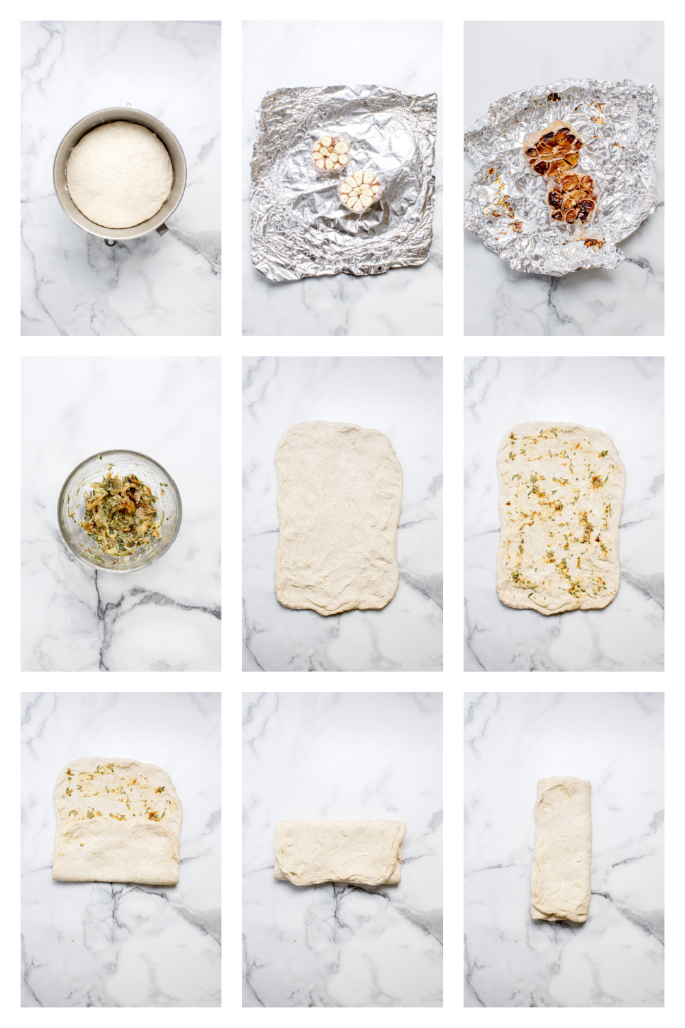 Roasted garlic bread process collage Process collage showing roasted garlic rosemary artisan bread dough shaping, folding, proofing, and baking steps