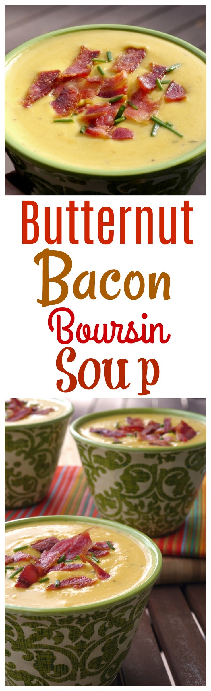 VIDEO + RECIPE: The already seasoned cheese in this absolutely creamy Butternut-Boursin-Bacon Soup puts the flavor over the top. Serve this soup as an appetizer or side dish when you are looking to impress from NoblePig.com. via @cmpollak1