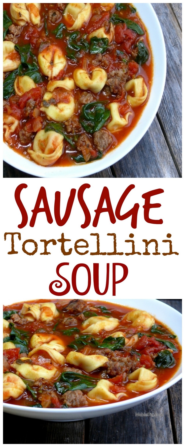 Video + Recipe: A quick, easy and delicious dinner! This Sausage Tortellini Soup is a family favorite and the perfect weeknight meal. Enjoy with a hunk of crusty bread from NoblePig.com. via @cmpollak1
