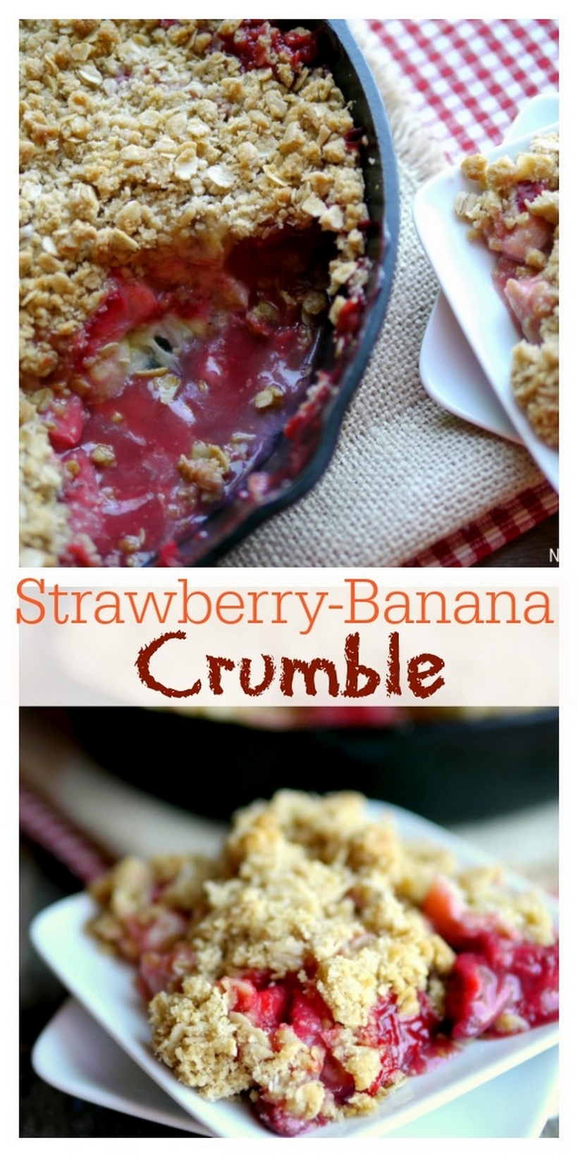 Strawberry-Banana Crumble in text with two photos of the crumble, one in the pan another on a plate.