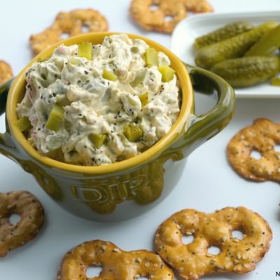 Dill Pickle Dip in a green bowl.